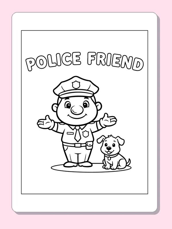 Black and white printable smiling officer beside a puppy coloring sheet