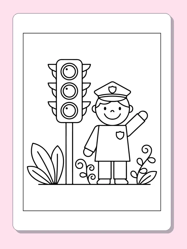 Black and white printable young officer beside a traffic light coloring sheet