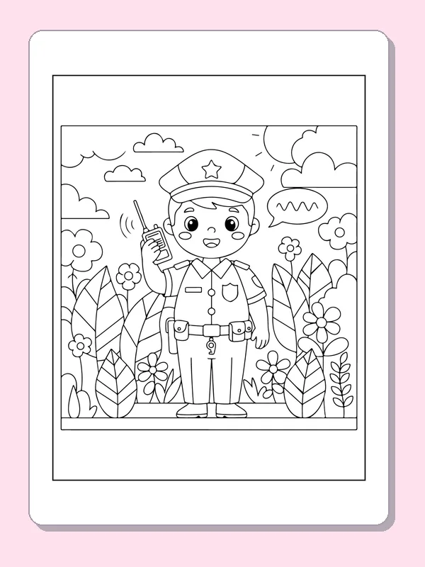 Black and white printable young officer with a radio coloring sheet