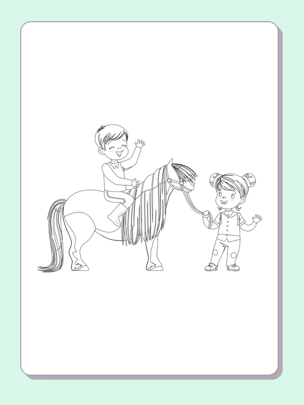 Black and white printable boy riding past a pony friend coloring sheet