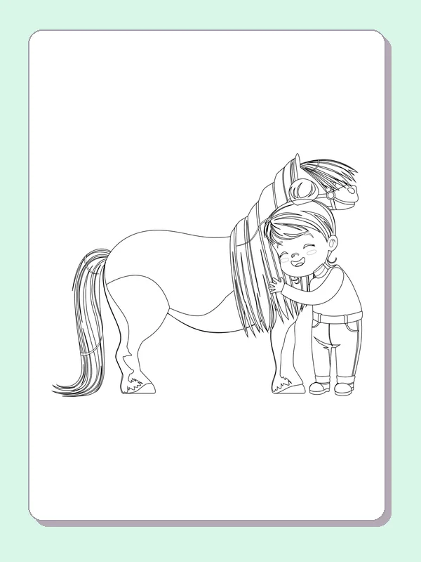 Black and white printable child hugging a patient pony coloring sheet