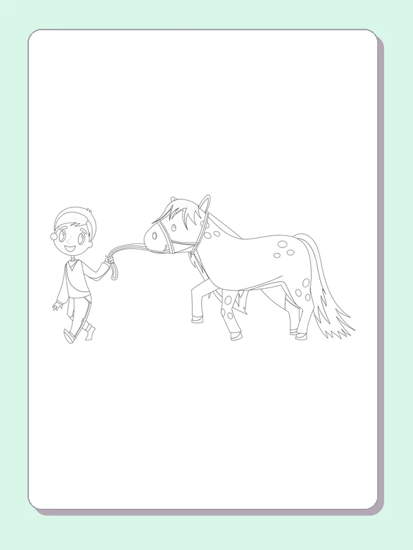 Black and white printable child leading a spotted pony coloring sheet