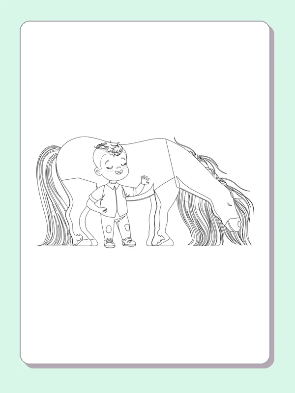 Black and white printable child offering a pony a treat coloring sheet