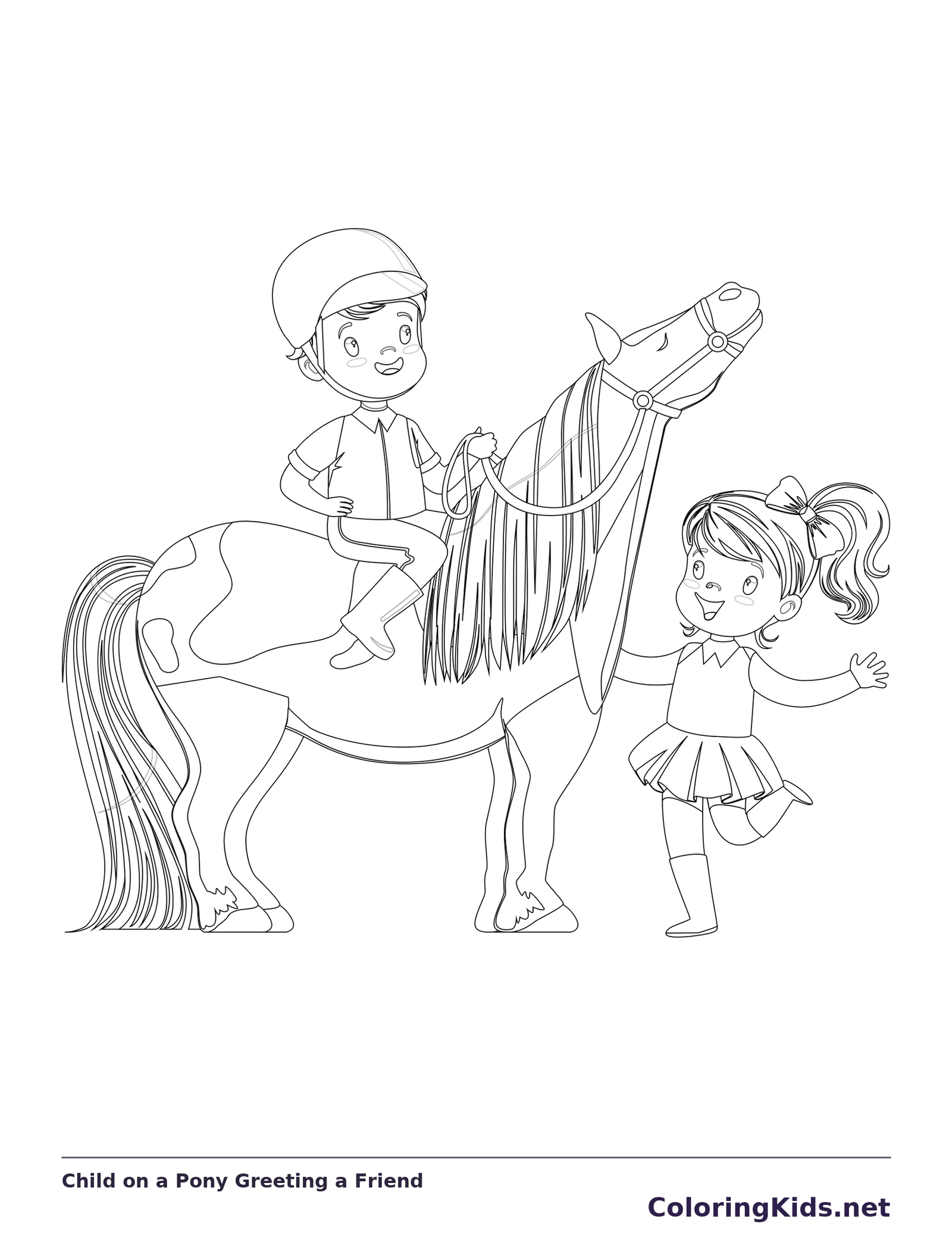 Black and white printable child on a pony greeting a friend coloring sheet