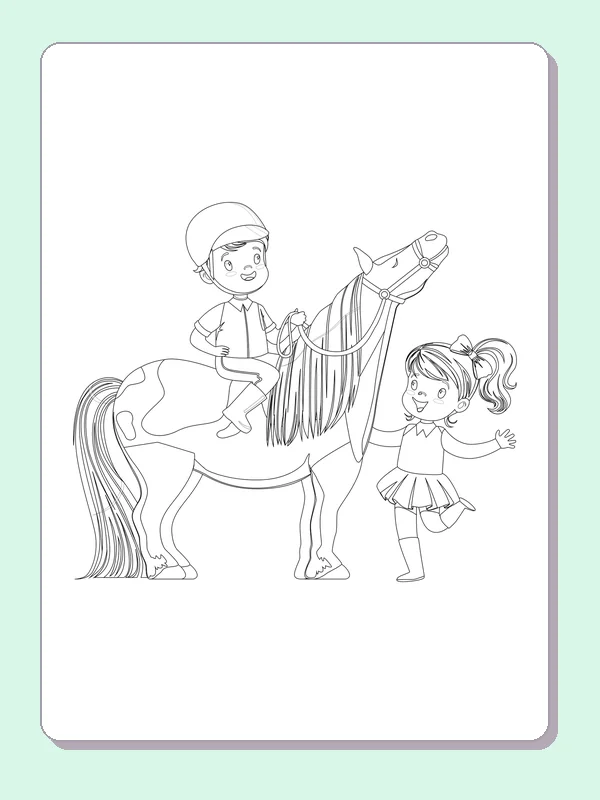 Black and white printable child on a pony greeting a friend coloring sheet