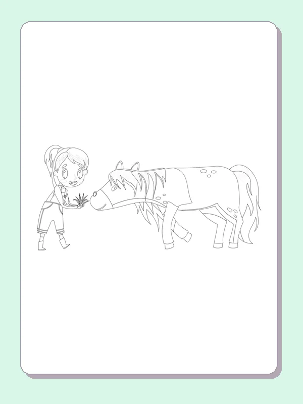 Black and white printable child petting a pony in the yard coloring sheet