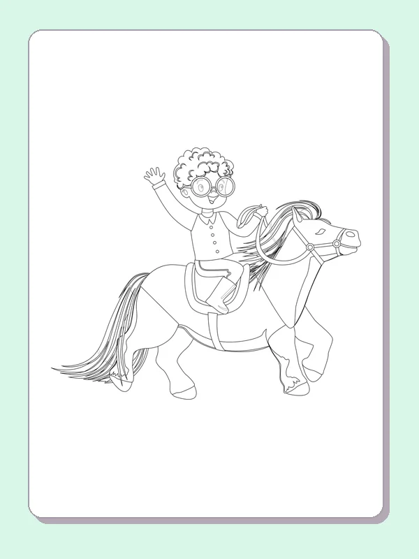 Black and white printable child waving from a trotting pony coloring sheet