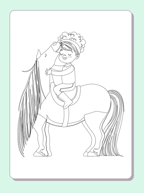 Black and white printable girl resting on a pony coloring sheet