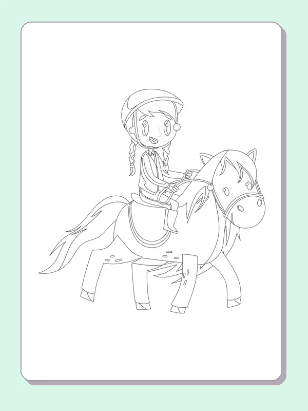 Black and white printable girl riding a pony with flowing tail coloring sheet