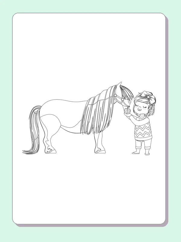 Black and white printable girl standing beside a pony coloring sheet