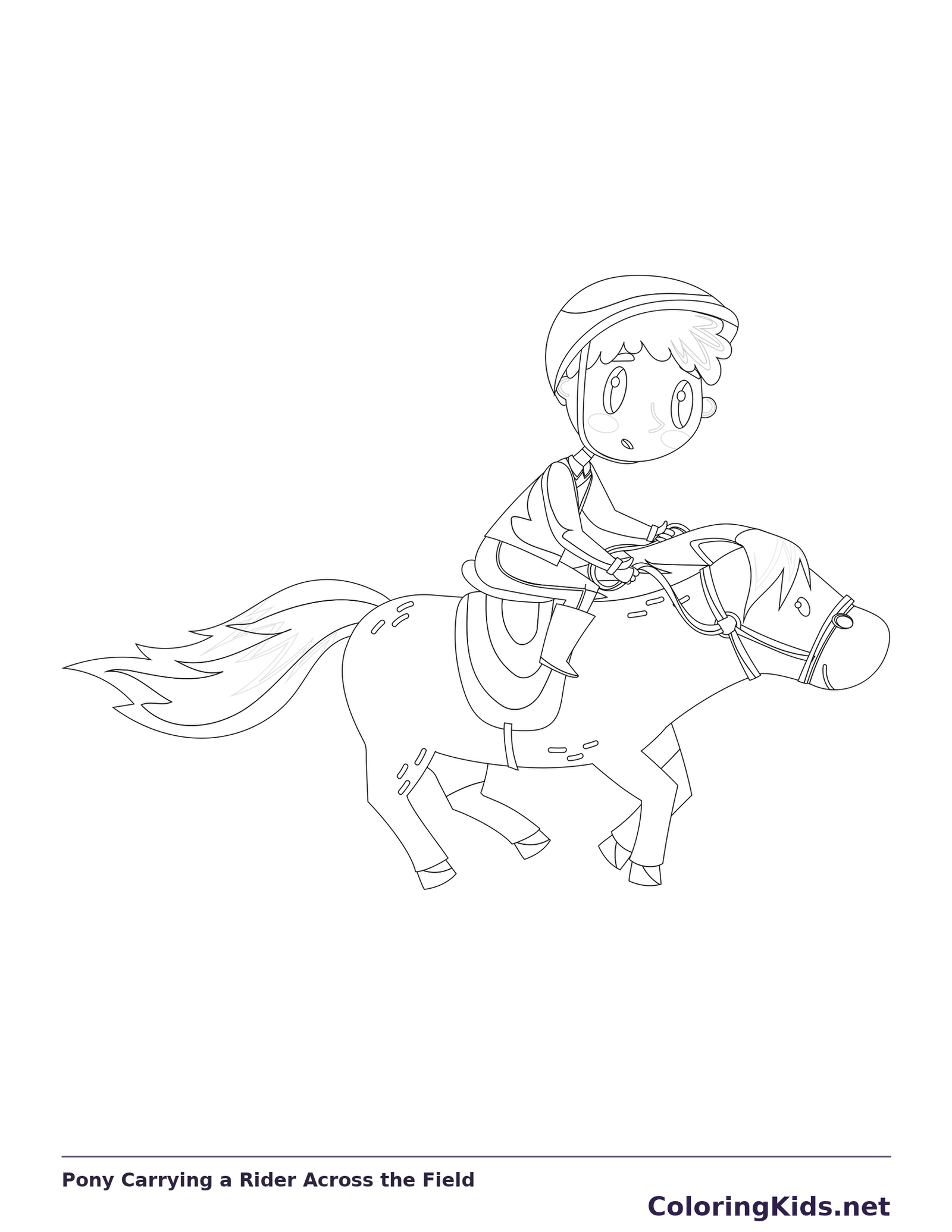 Black and white printable pony carrying a rider across the field coloring sheet
