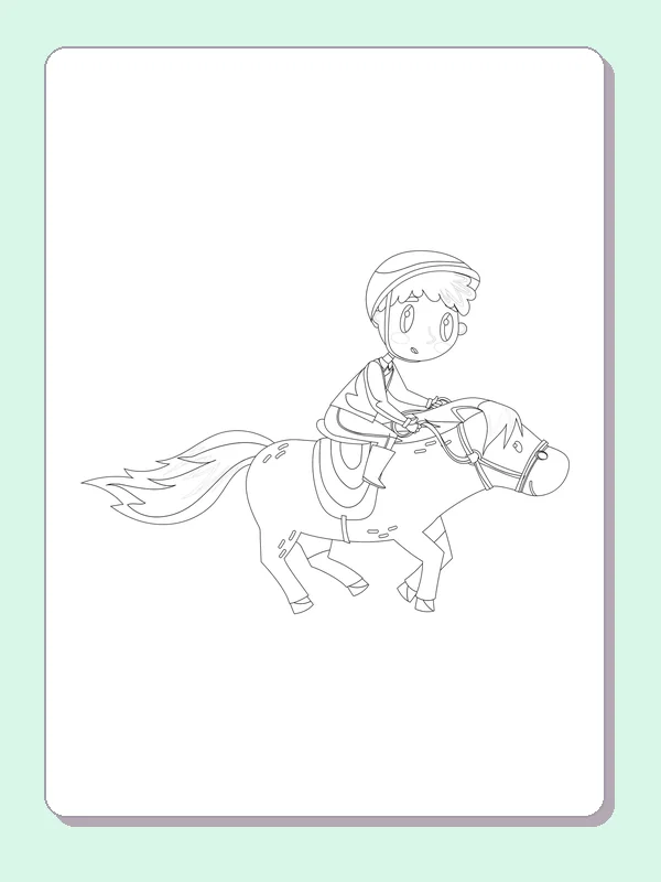 Black and white printable pony carrying a rider across the field coloring sheet