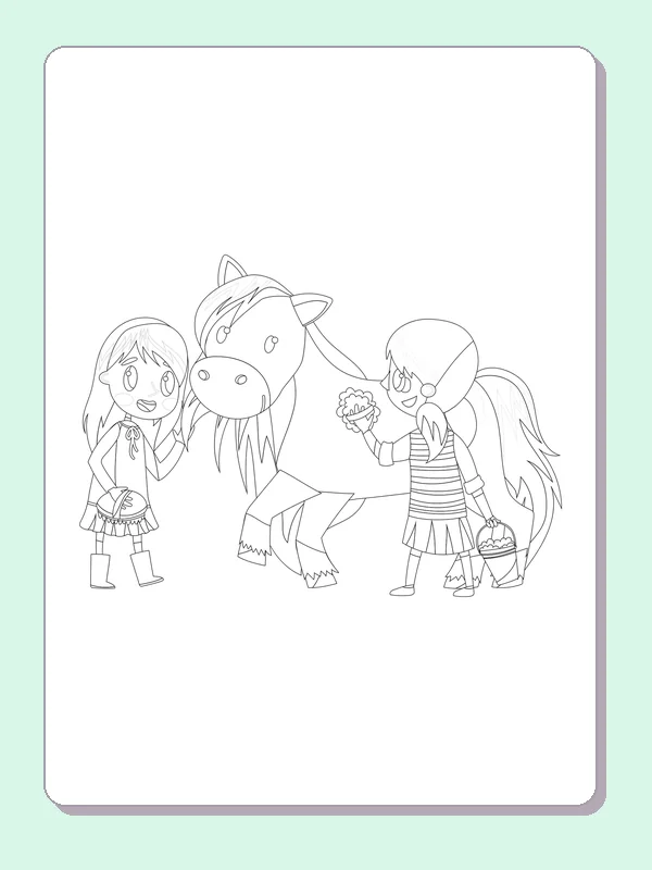 Black and white printable two children meeting a little pony coloring sheet