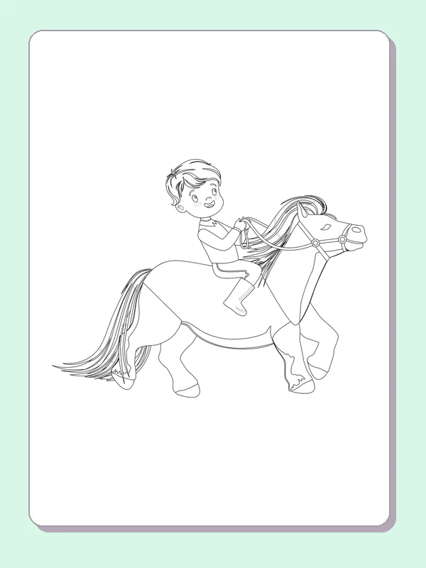Black and white printable young rider on a walking pony coloring sheet