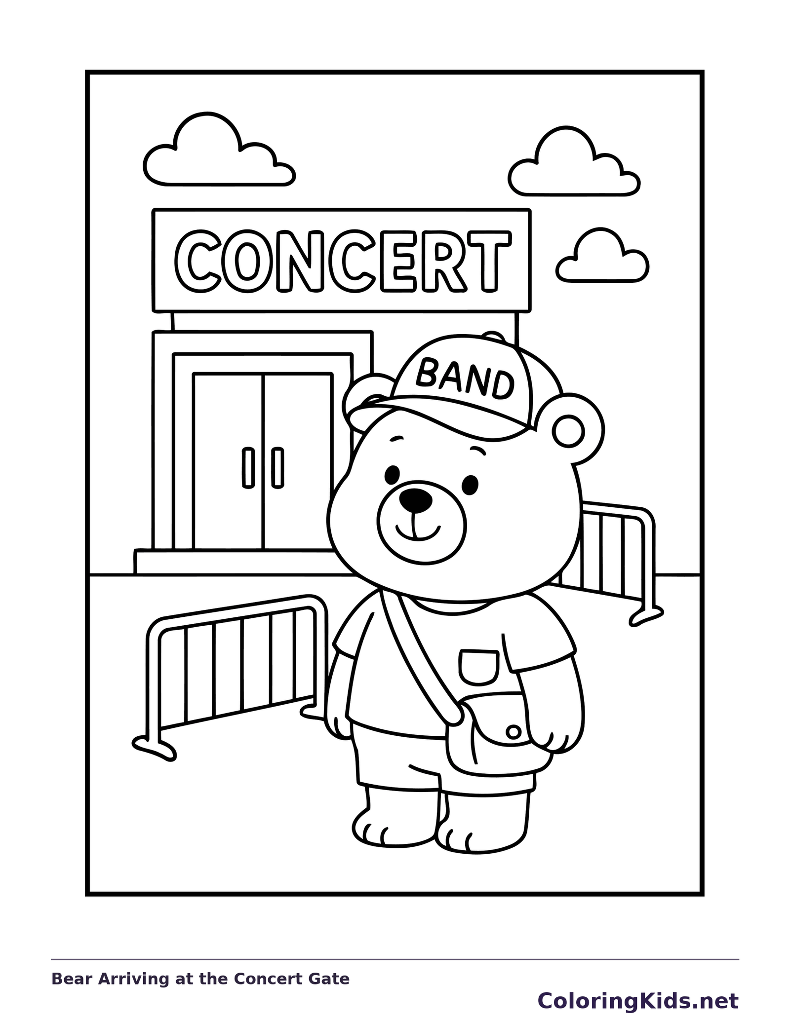 Black and white printable bear arriving at the concert gate coloring sheet