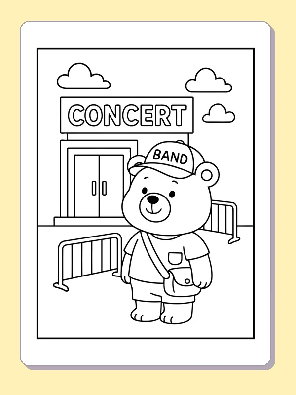 Black and white printable bear arriving at the concert gate coloring sheet