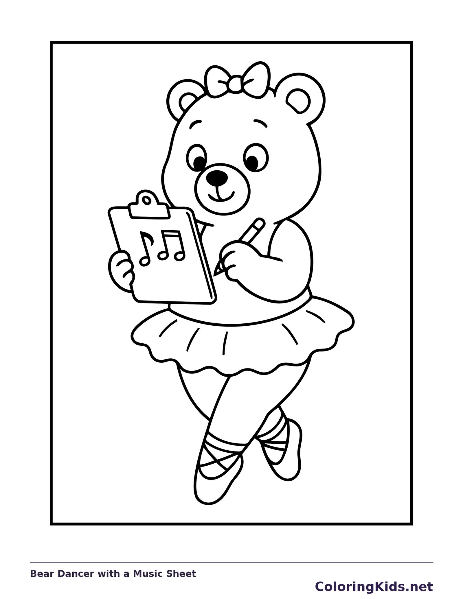 Black and white printable bear dancer with a music sheet coloring sheet