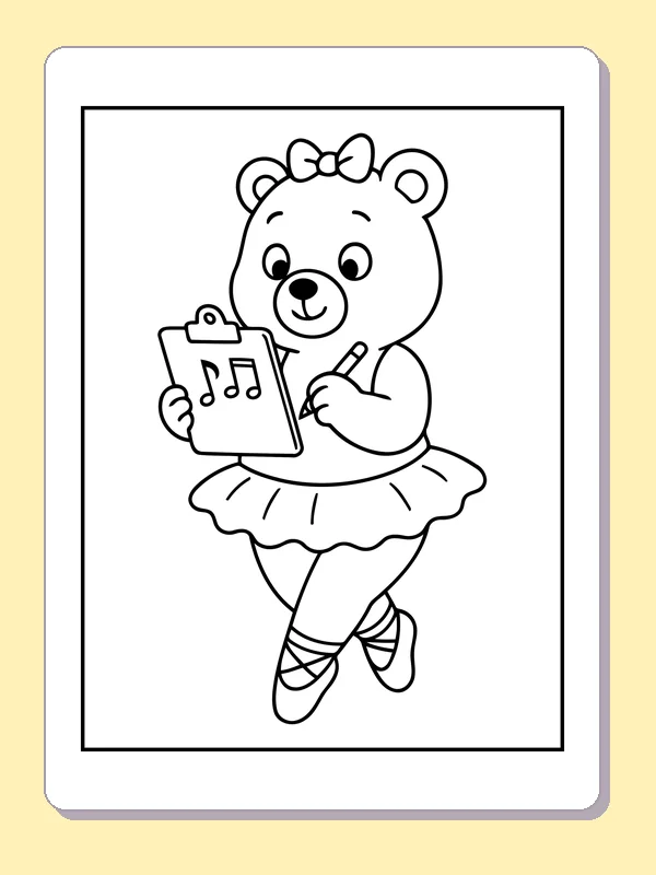 Black and white printable bear dancer with a music sheet coloring sheet