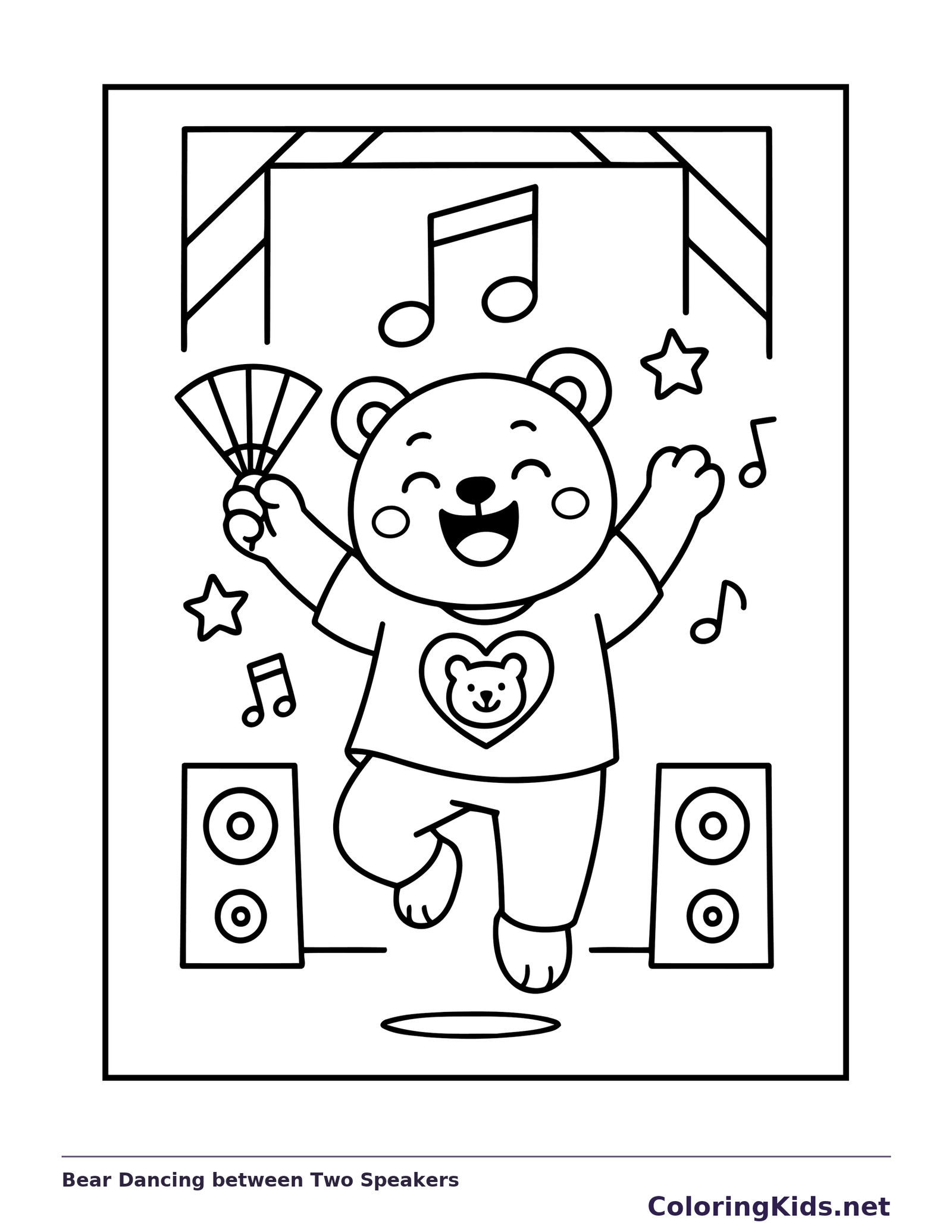 Black and white printable bear dancing between two speakers coloring sheet