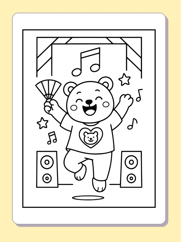 Black and white printable bear dancing between two speakers coloring sheet
