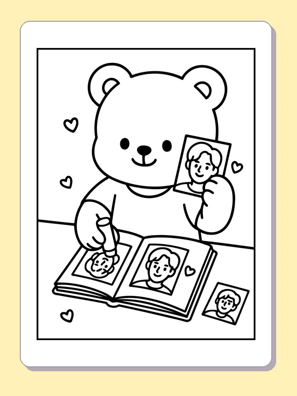 Black and white printable bear looking through a photo album coloring sheet