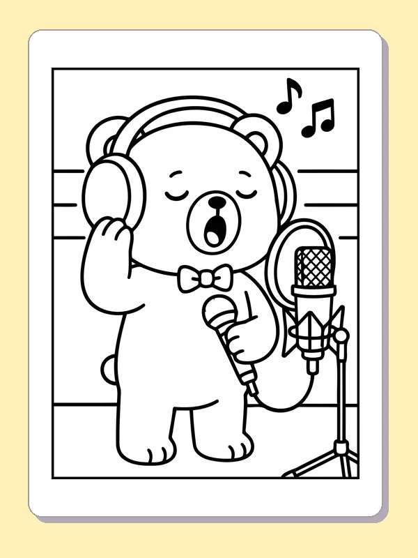 Black and white printable bear recording a song in the studio coloring sheet