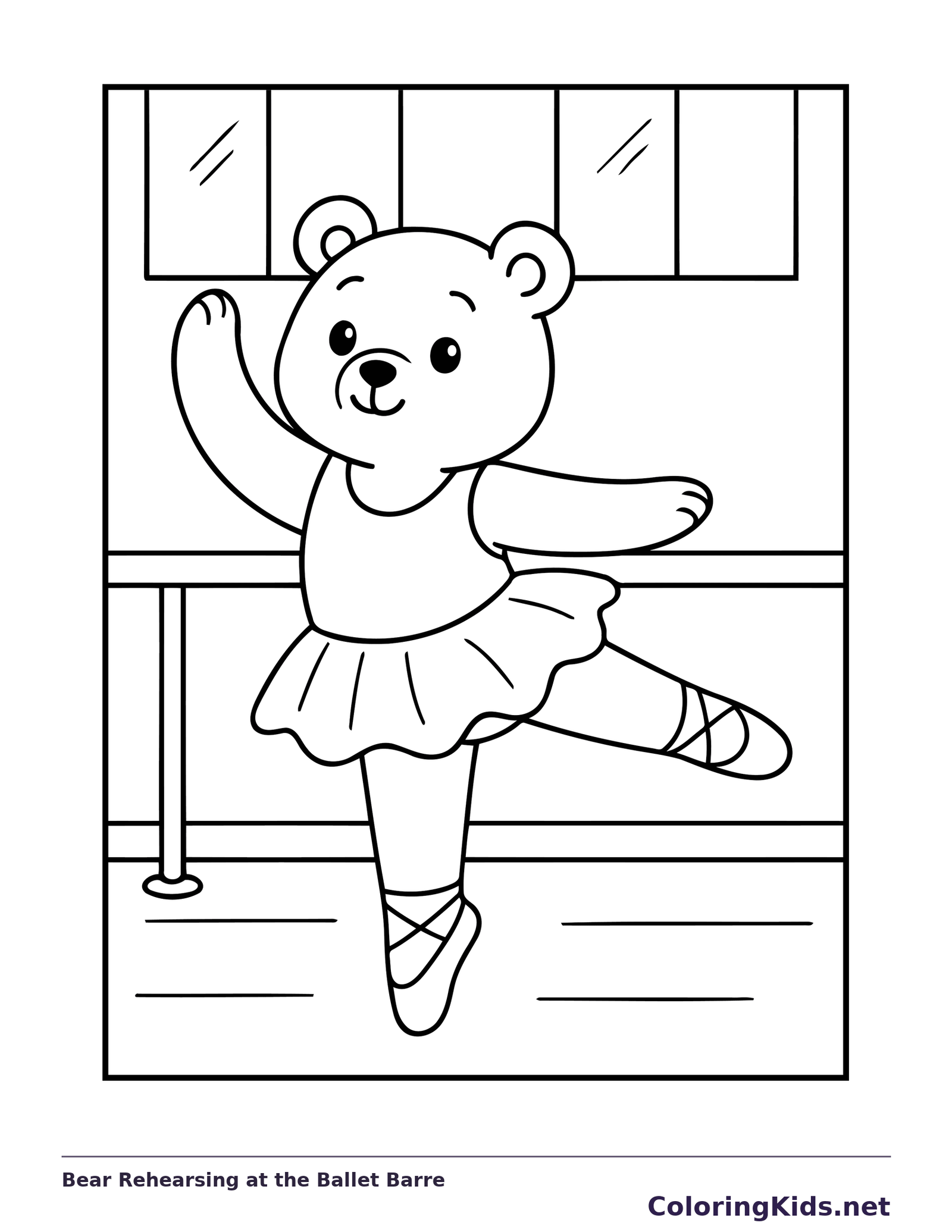 Black and white printable bear rehearsing at the ballet barre coloring sheet