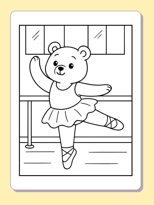 Black and white printable bear rehearsing at the ballet barre coloring sheet