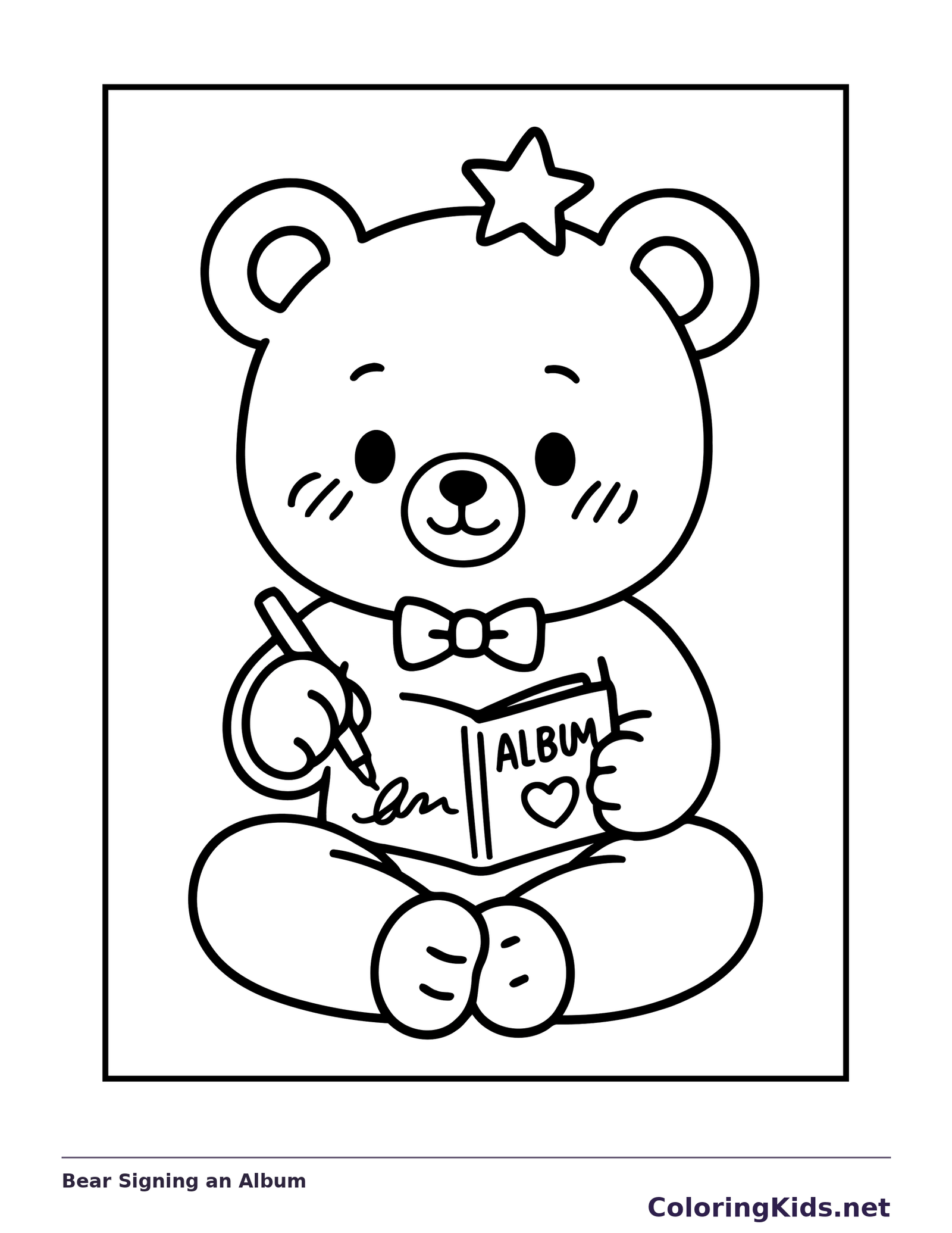 Black and white printable bear signing an album coloring sheet