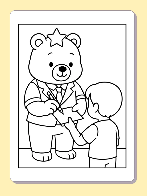 Black and white printable bear signing for a fan coloring sheet