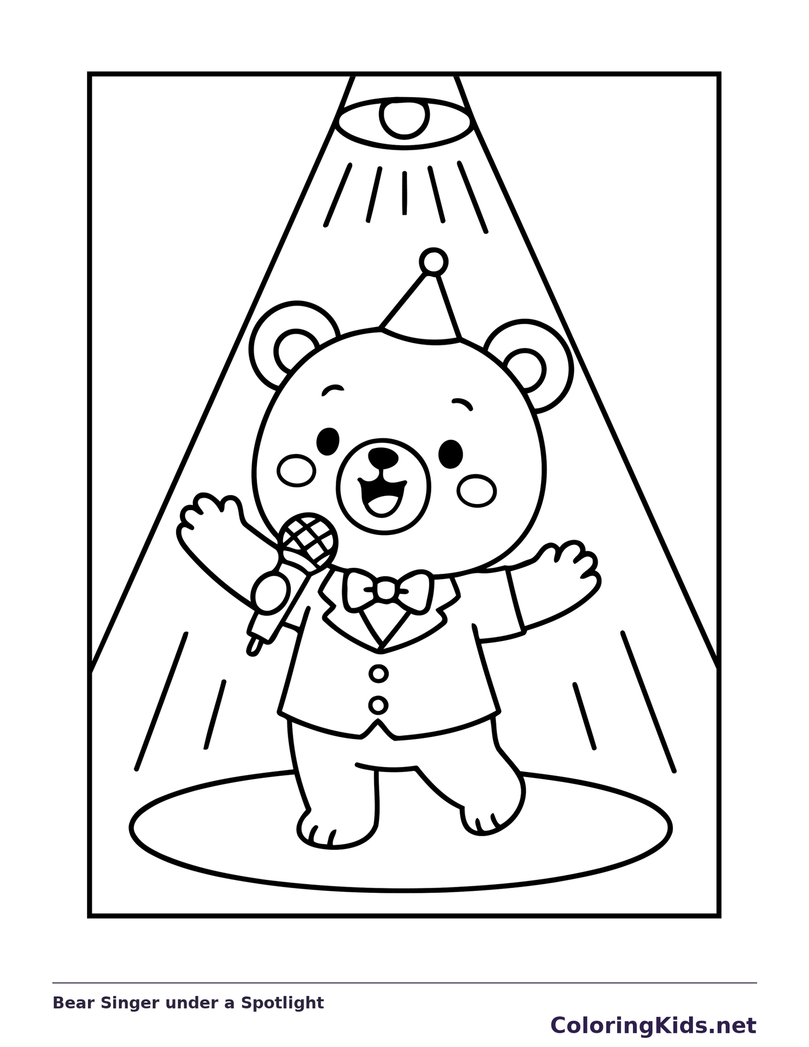 Black and white printable bear singer under a spotlight coloring sheet