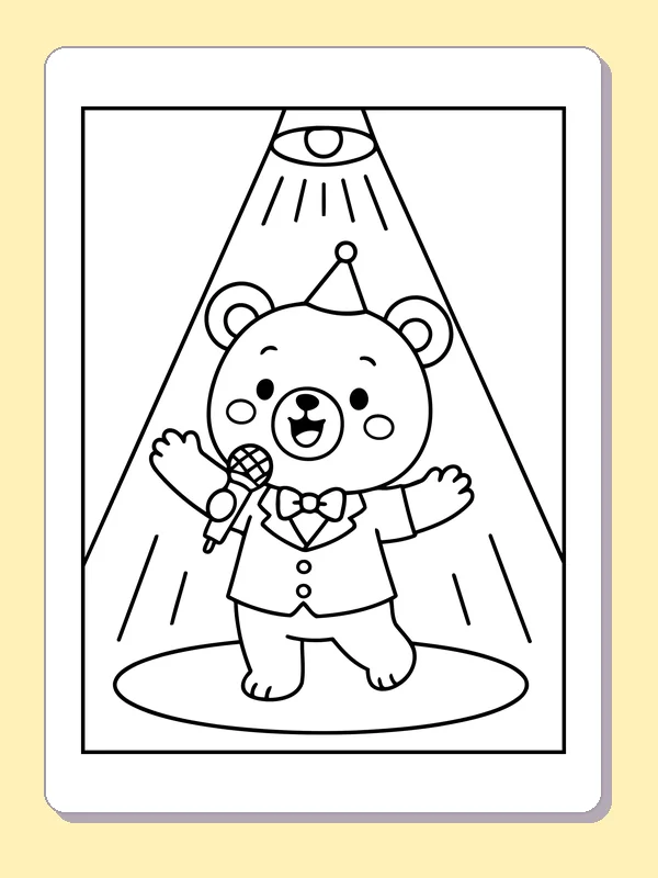 Black and white printable bear singer under a spotlight coloring sheet