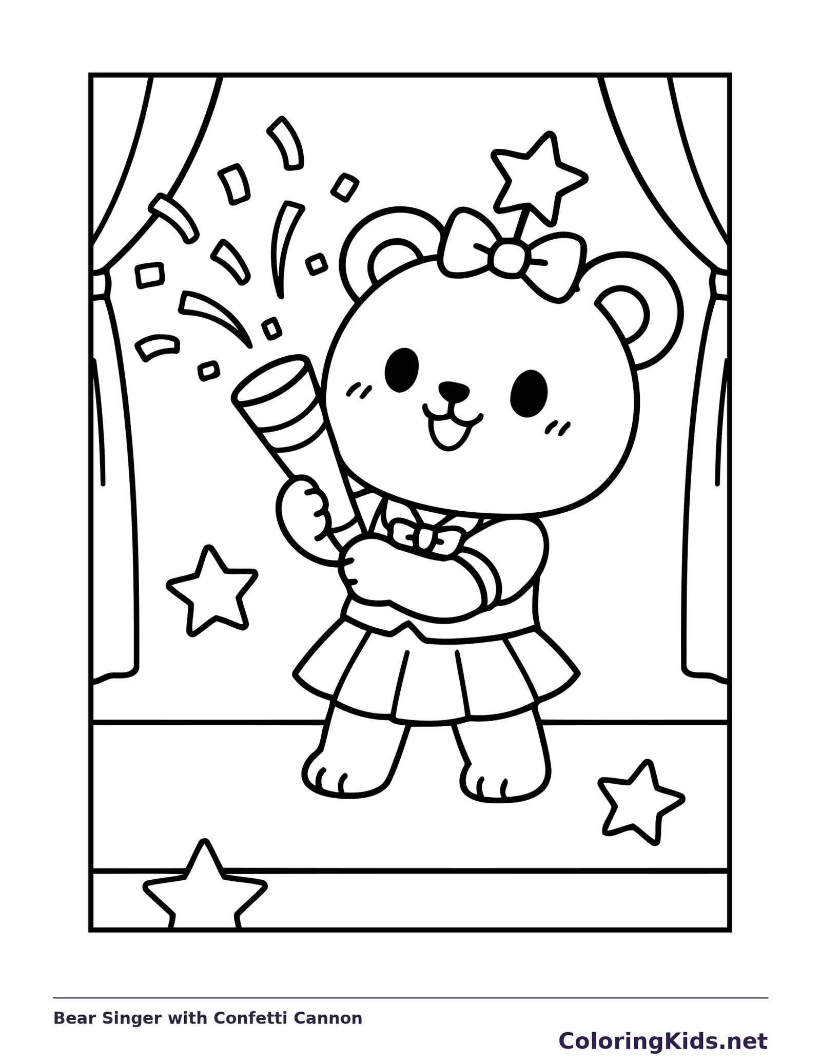 Black and white printable bear singer with confetti cannon coloring sheet