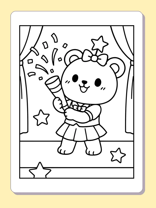 Black and white printable bear singer with confetti cannon coloring sheet