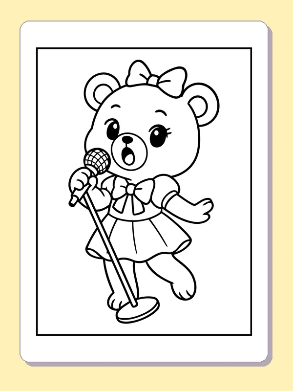 Black and white printable bear singing at a microphone stand coloring sheet