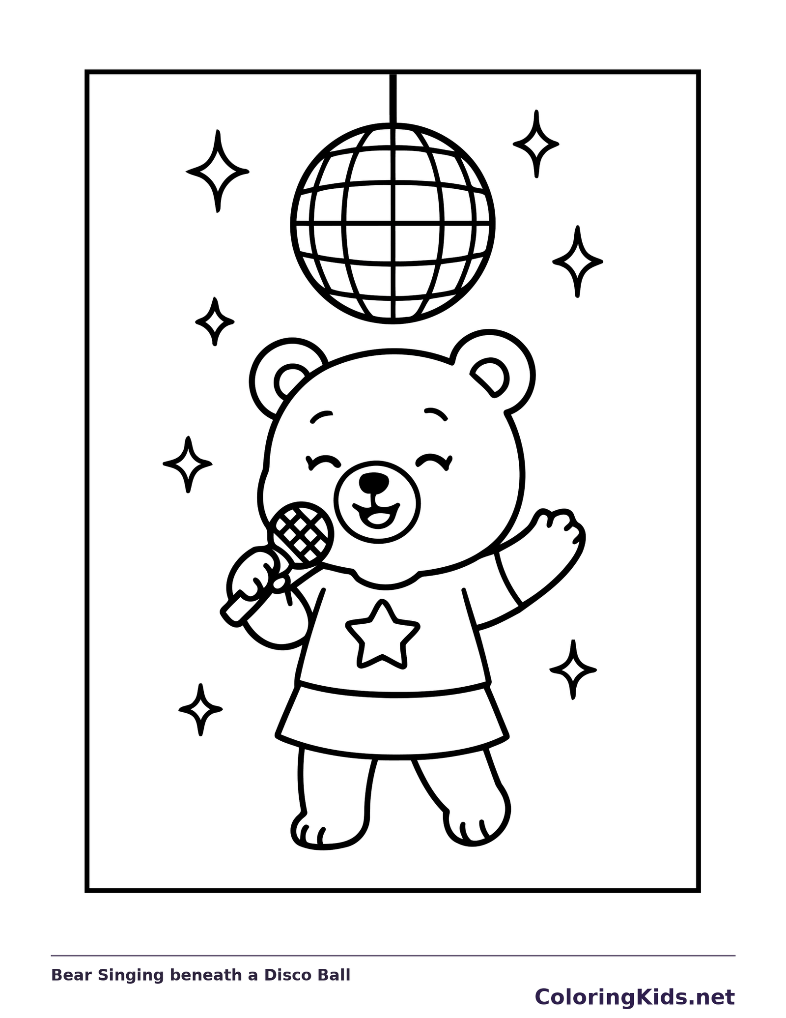 Black and white bear singing beneath a disco ball coloring sheet