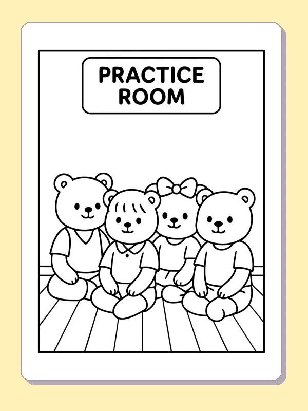 Black and white printable four bear friends in the practice room coloring sheet