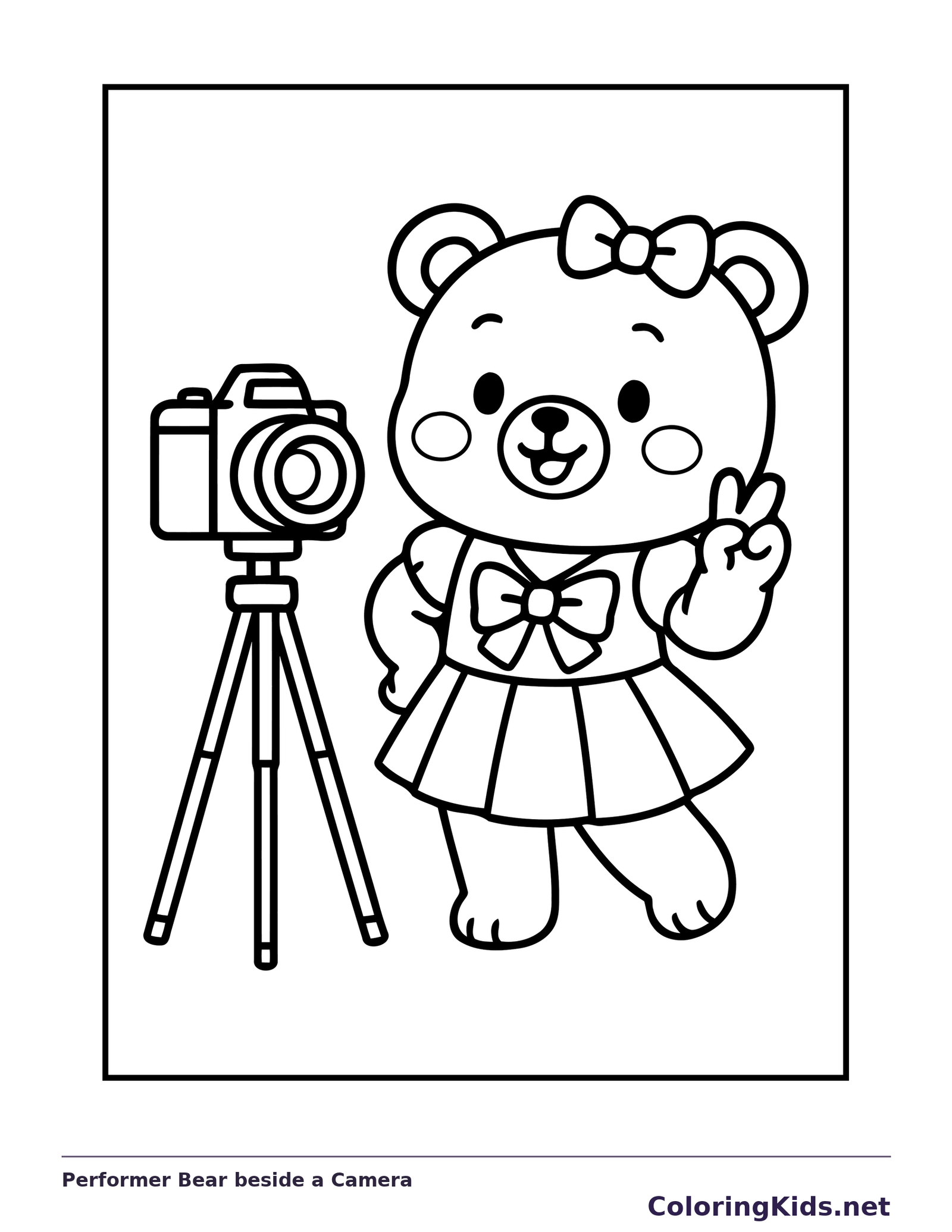 Black and white printable performer bear beside a camera coloring sheet