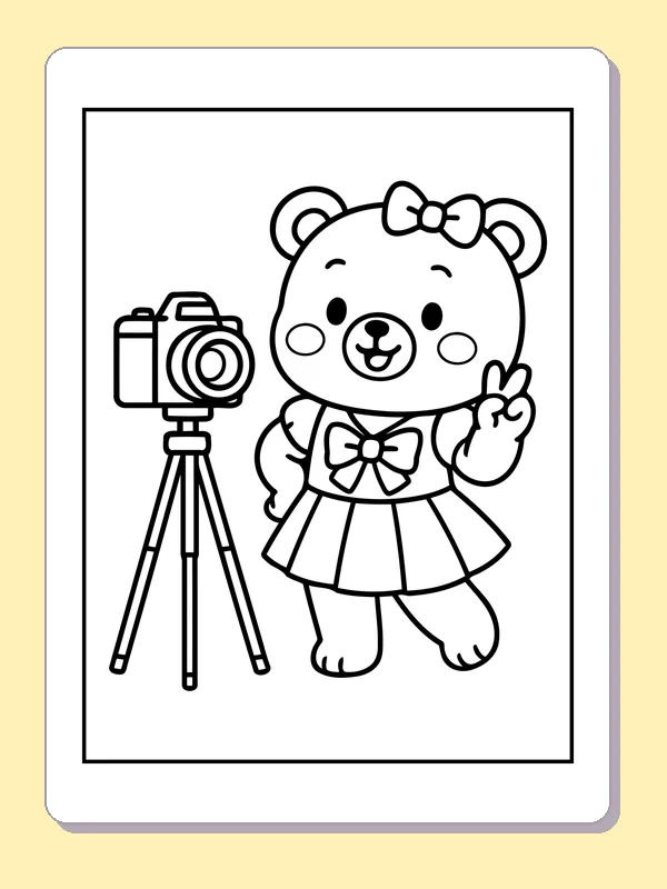 Black and white printable performer bear beside a camera coloring sheet