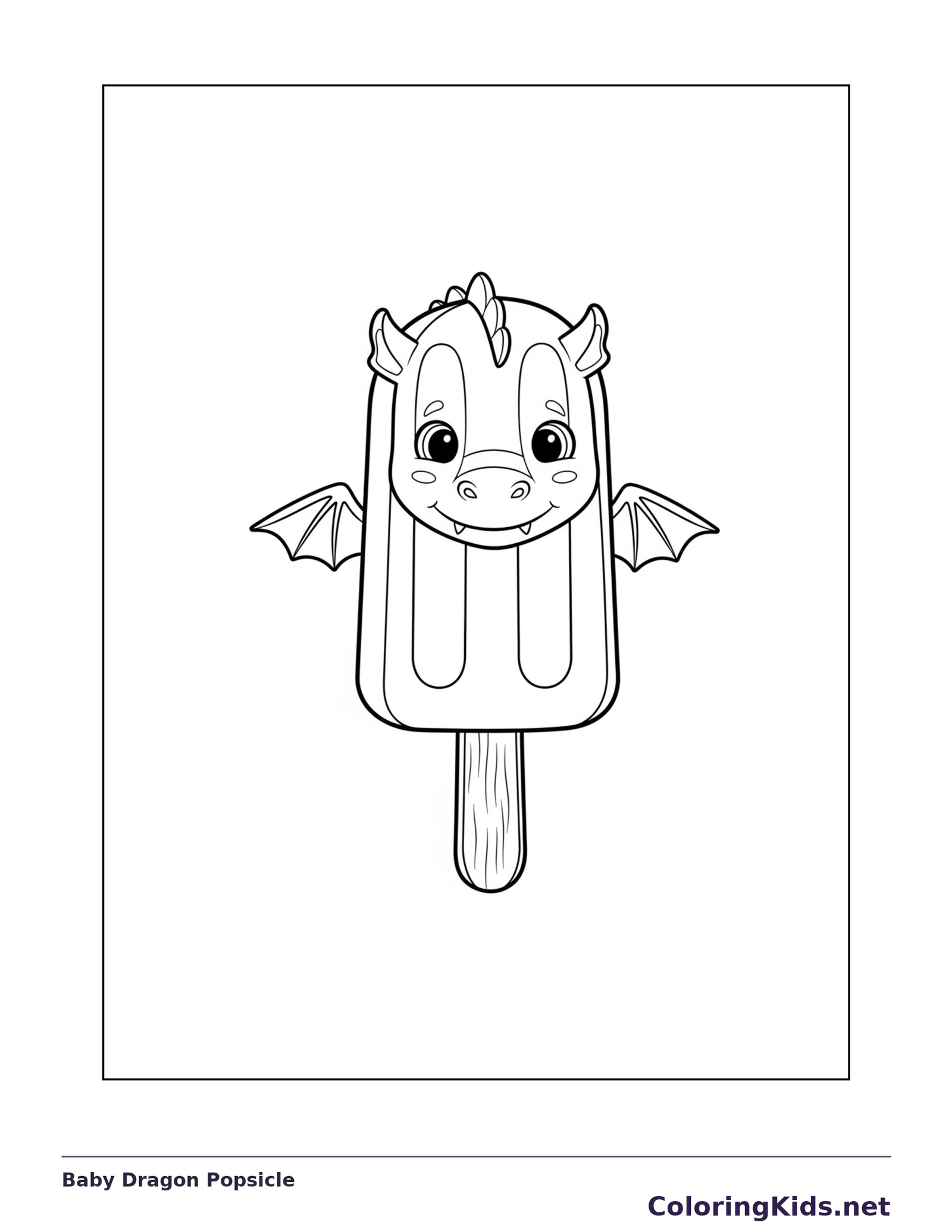 Black and white printable baby dragon popsicle coloring sheet