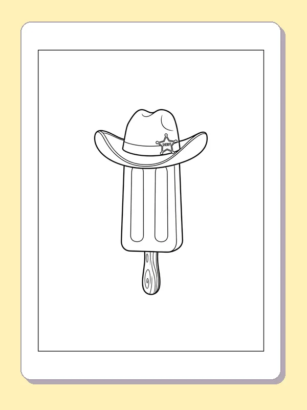 Black and white printable cowboy popsicle in a hat coloring sheet