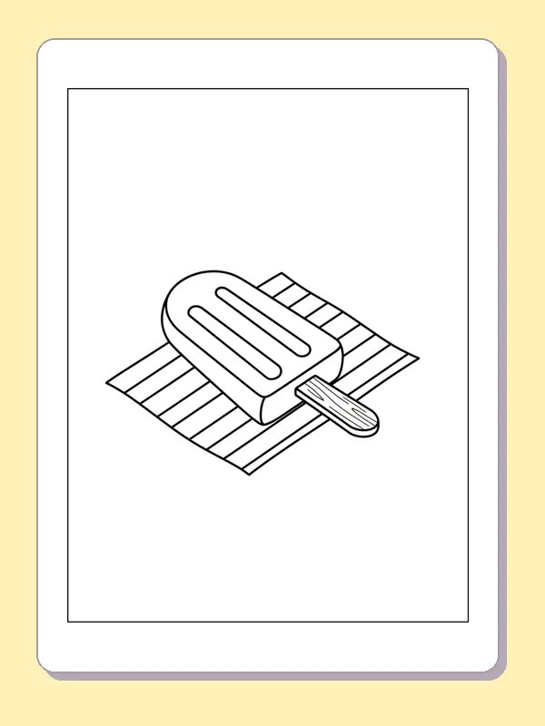 Black and white printable popsicle resting on a napkin coloring sheet