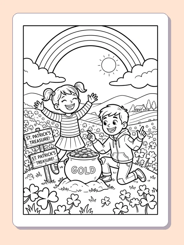 Children beside gold pot, treasure signs and shamrocks