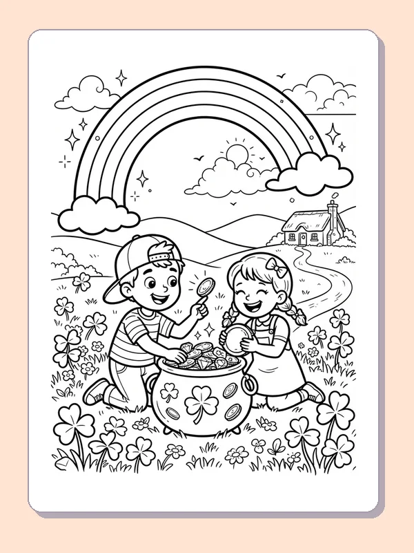Black and white coloring page of two children kneeling at a clover patterned gold pot beside a winding path