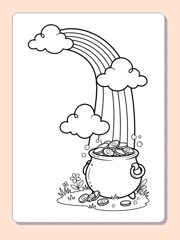 Black and white coloring page of a tall rainbow landing in a coin filled pot beneath three soft clouds
