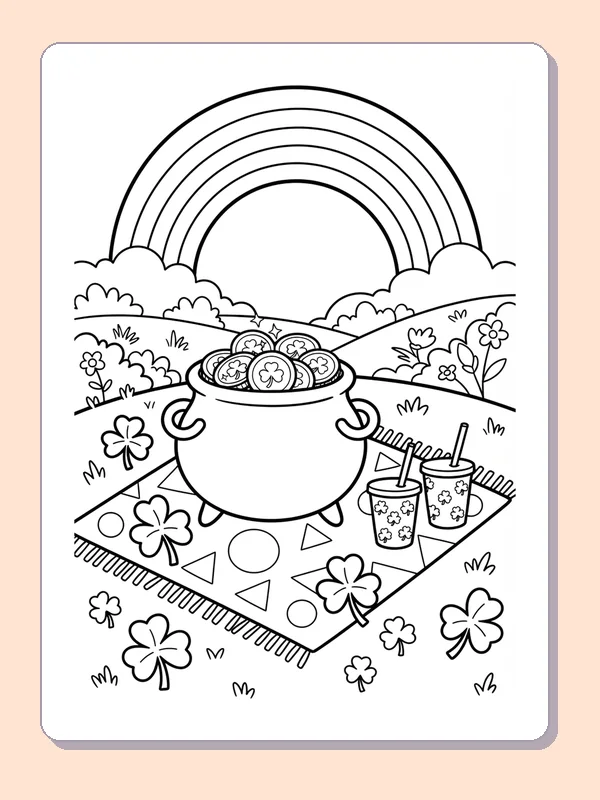 Black and white coloring page of a pot of gold resting on a checked picnic rug with snacks and shamrocks