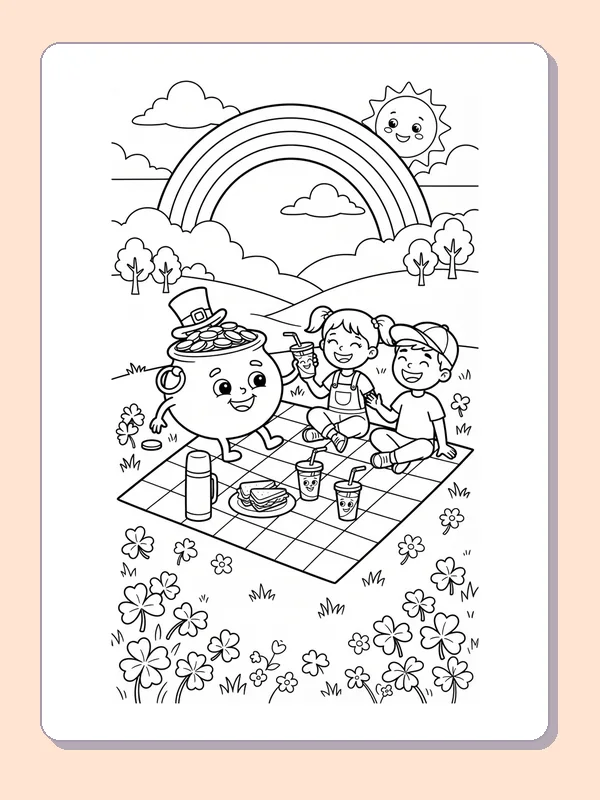 Black and white coloring page of two children sharing lunch beside a smiling gold pot in a flower meadow