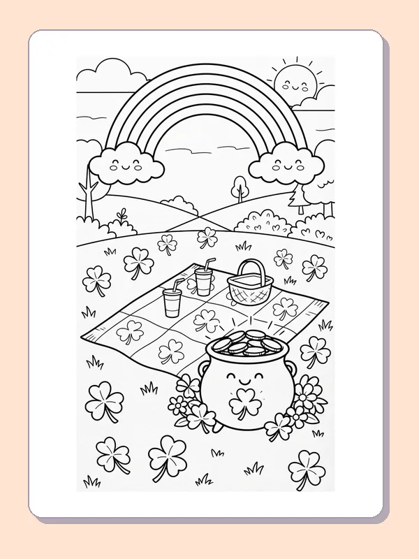 Smiling pot of coins beside picnic blanket under a rainbow