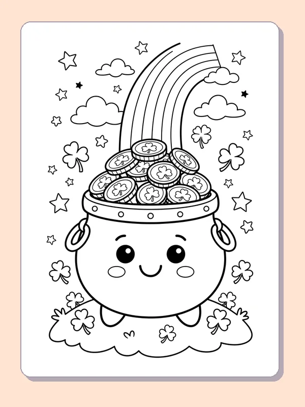 Black and white coloring page of a smiling pot full of coins under a rainbow, stars and shamrocks