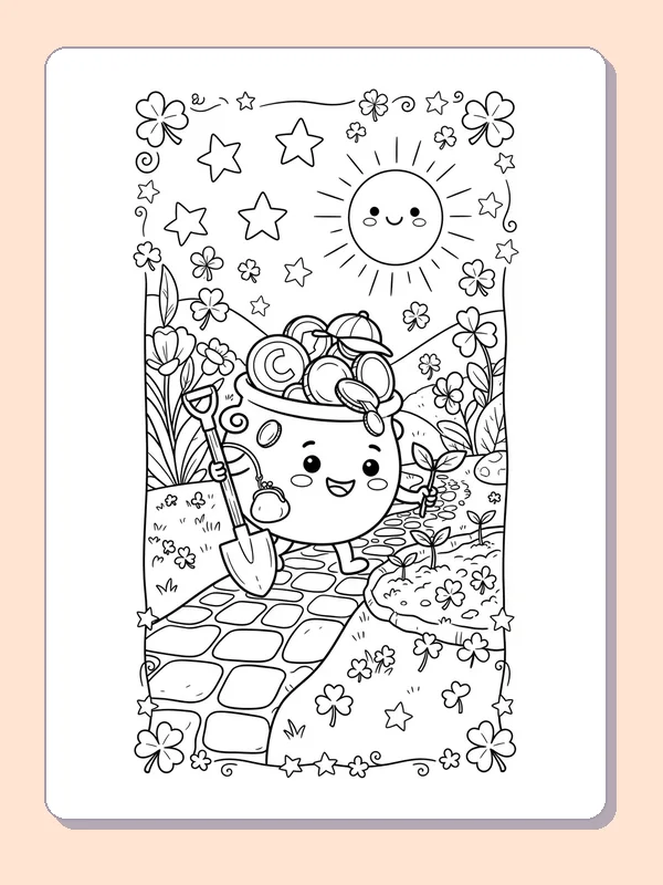 Black and white coloring page of a smiling pot in a flower garden carrying a small lucky hat